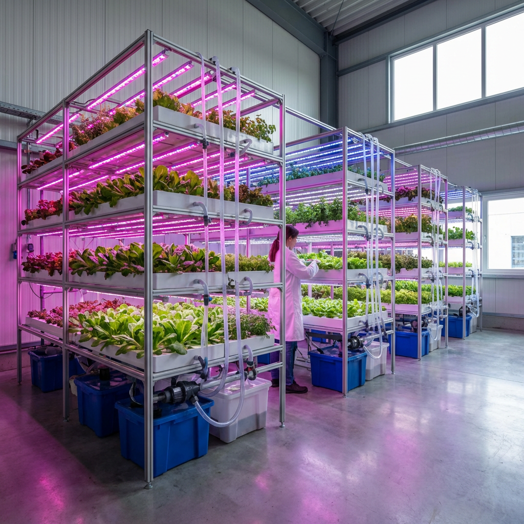 Researcher tending to rows of lettuce in a vertical farm with pink LED grow lights.